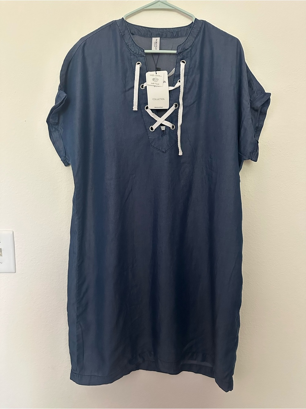 NWT Navy Chambray Lace-Up Sailor Shift Dress with White Drawstrings